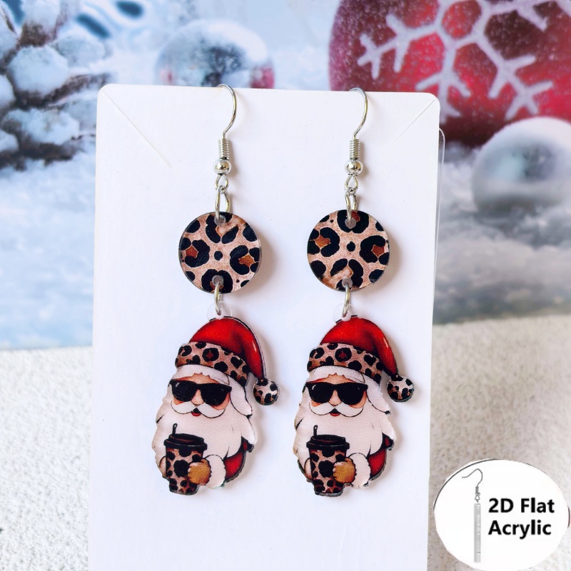 TEMU 2d Flat Leopard Print Cool Santa Claus Ladies Pendant Earrings, Acrylic Pendant Earrings With Leopard Print Circular Pendant, Christmas Jewelry