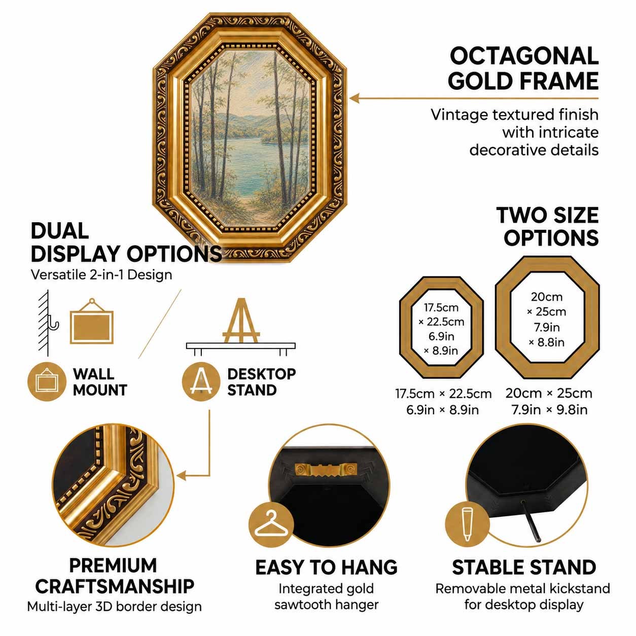 2d flat 1pc vertical framed retro golden octagonal wall art pastel lake mountain canvas painting suitable for living room cozy apartment decor outdoor vertical hanging picture vintage nature scenery gift for bedroom dining room aesthetic