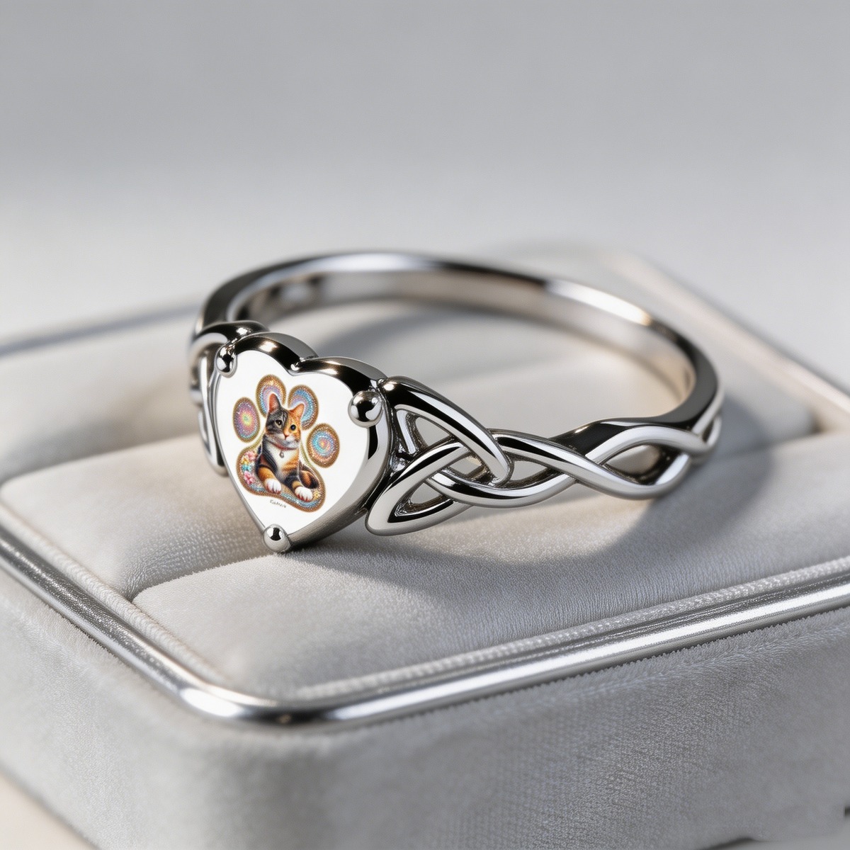 Women's Heart-Shaped Calico Tabby Cat Ring, Celtic Infinity Knot