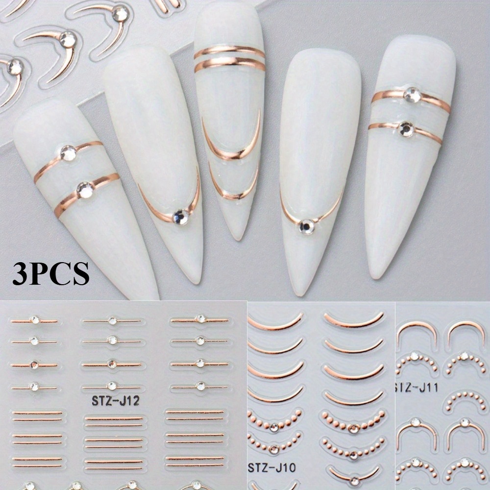 3pcs Rose Line Nail Art Stickers Embossed Rhinestone Stripe Wave Y2k Hot Stamping Embossed Curve Art Stickers Nail Art Decoration