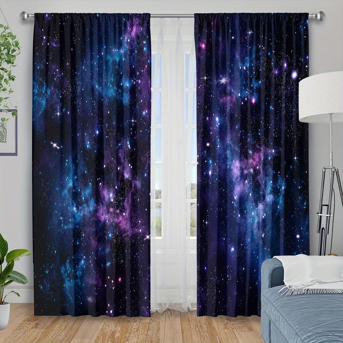 TEMU 2d Flat - 2d Flat - 2pcs Curtain Fabrics Space Print Curtains Insulation Blackout Curtains For Bedroom Kitchen Bedroom Living Room Decor Fiber
