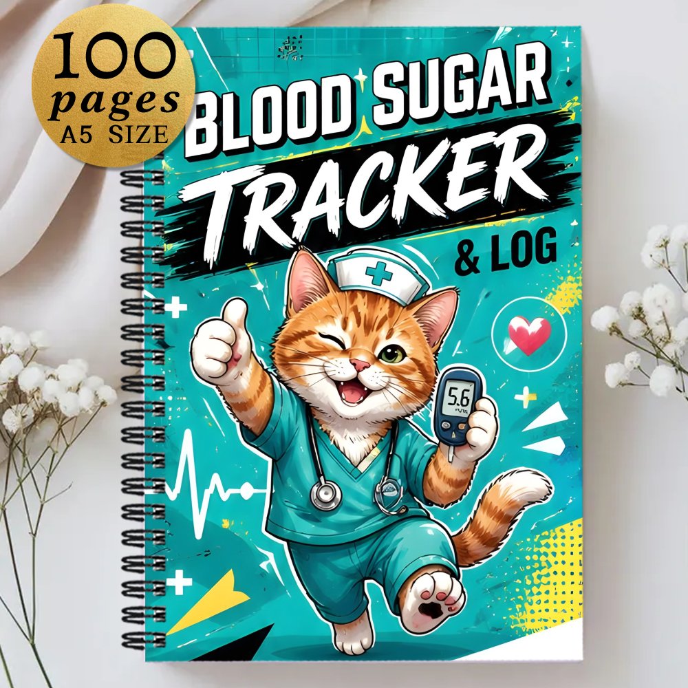 TEMU 1pc 21x14.5cm Blood Sugar And Blood Pressure Record Book, Blood Sugar & Log: Cute Nurse Cat Themed Diabetic Record Book, Daily Blood Sugar Level