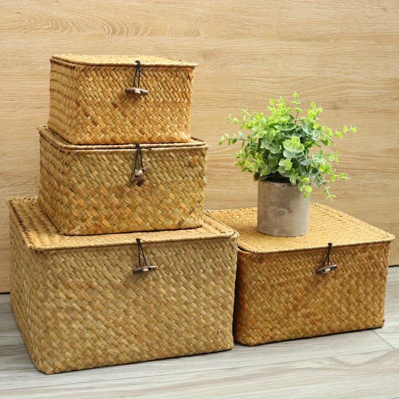 

4pcs Wicker Storage Baskets With Lid, Storage Bin, Seagrass Basket For Shelf, Stackable Storage Box For Sorting Finishing Organizing, For Bedroom Bathroom Living Room Kitchen, Shelf Baskets