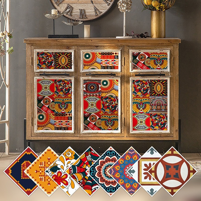 

10pcs/set Bohemian Style Furniture Cabinet Decals, Self-adhesive Paper Stickers For Tabletop Renovation, Wall & Tile Decor, Home Renovation Patchwork