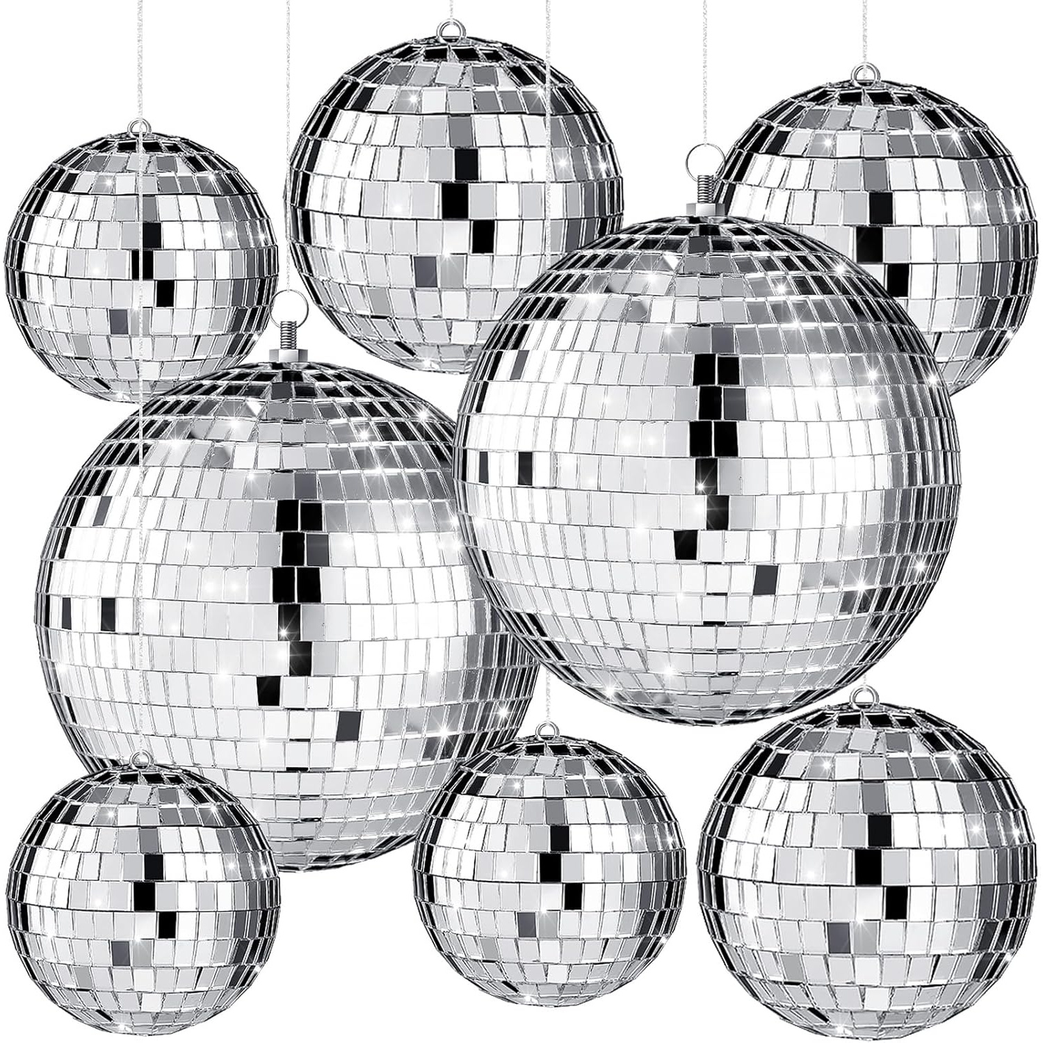 Image of 8pcs Large Disco Ball Set Disco Reflective Ball With Hanging Ring Party Ornament Decoration Ballroom Dance Hall Wedding Prom Props (3'', 4'', 6'')