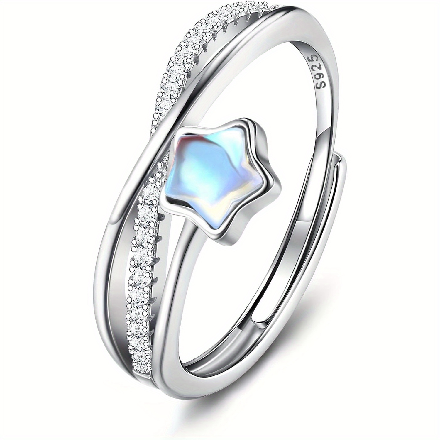 Image of 925 Sterling Silvery Rings For Women Featuring Cubic Zirconia, Adjustable Open Rings With , Opal, Leaf, And Star Designs, Perfect Jewelry For Mothers, Girlfriends, And, With A High Polish End