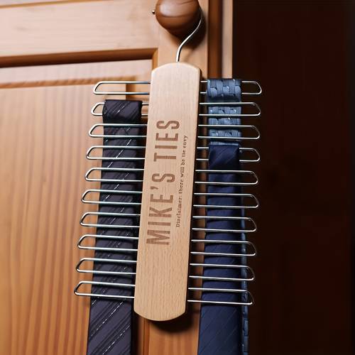 personalized wooden hanger with name initials text wood tie holder suitable for office wardrobe dresser elegant gift for men dads husband