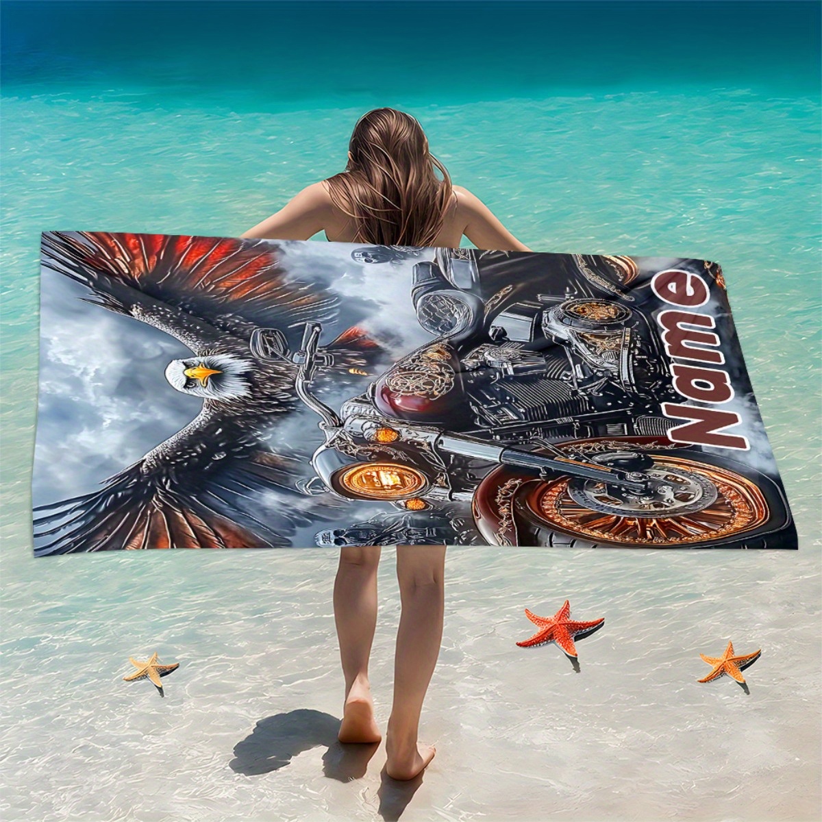 E-shop Personalisiertes Handtuch mit einem Bartgeier auf einem Motorrad - Weiche, hochabsorbierende Mikrofaser, leicht, ideal für Strandausflüge,