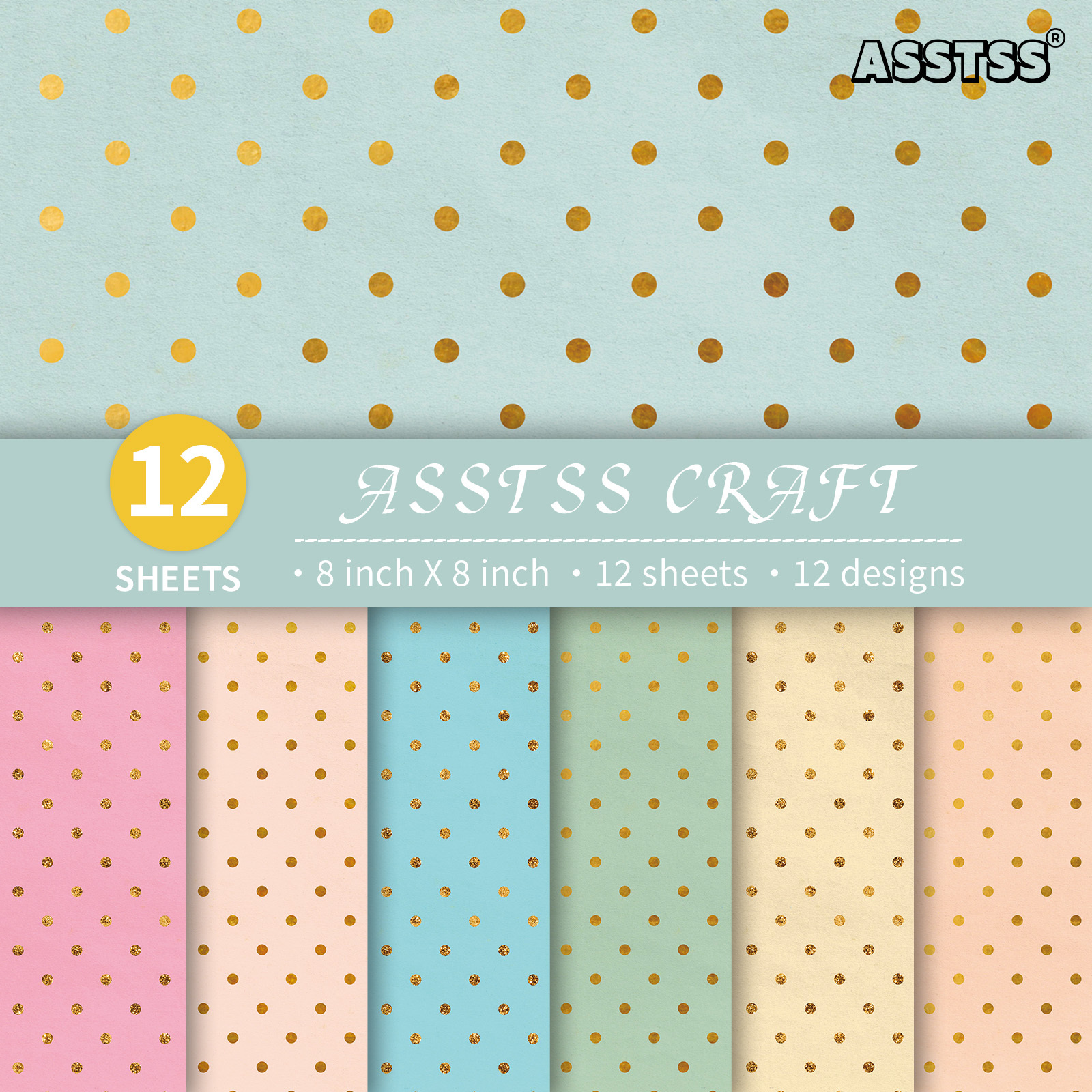 TEMU 12-sheet Asstss 8*8-inch Scrapbooking Paper Pad, Shiny Golden Polka Dot Colorful Background Style Backing Paper Supplies, Heavyweight Cardstock