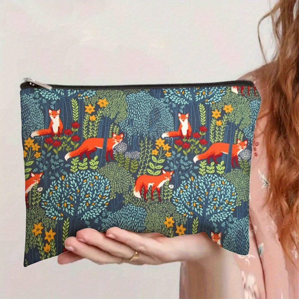 Fox In Pattern Bag - Boho Style, Suitable For School, Home Decor, Jewelry Storage, Pencil Case, Snack Bag, Daily Use, Birthday, Teacher, Graduation Ceremony, Thanksgiving, Christmas Gift 9in X 6in