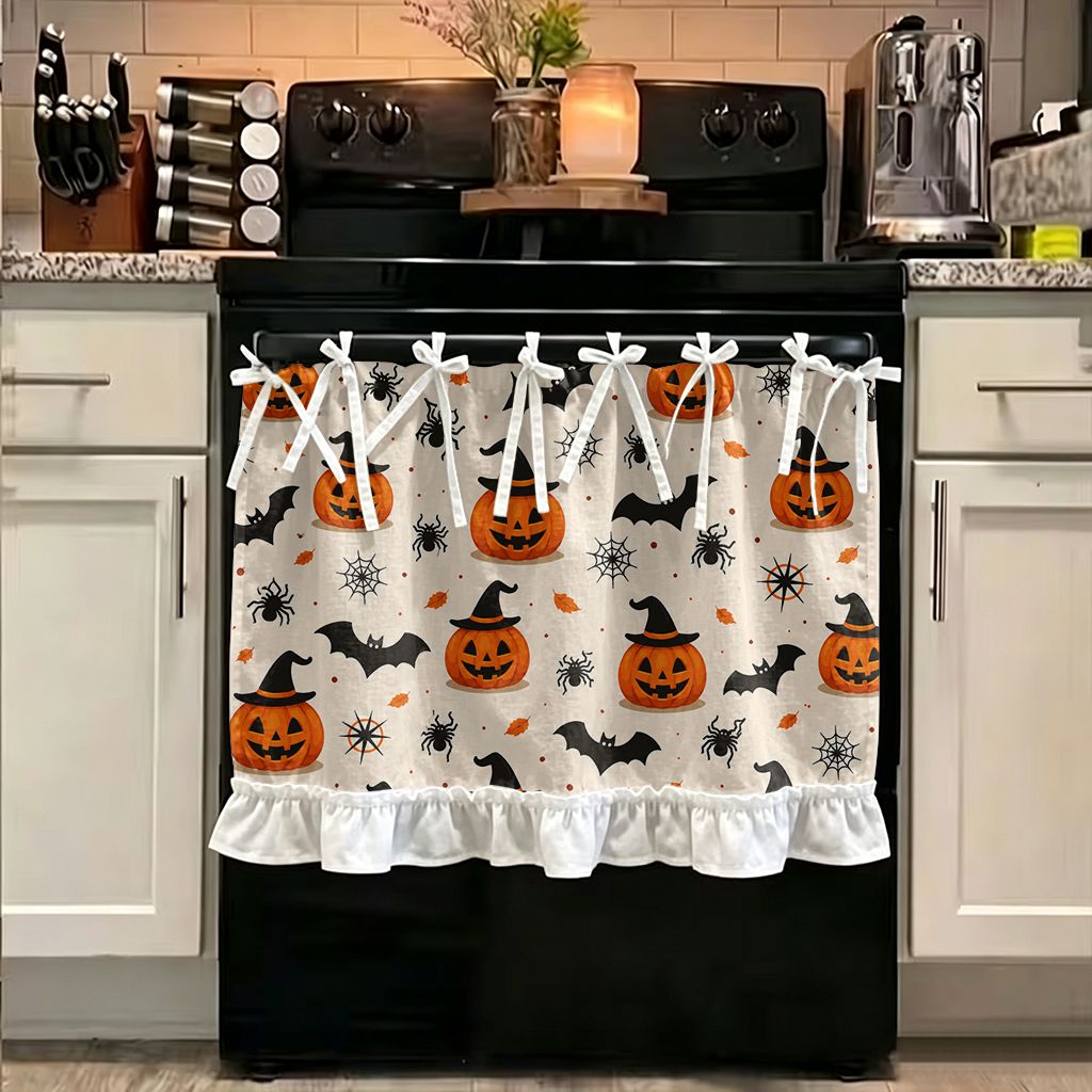 TEMU 2d Flat, 1pc Kitchen Stove Curtain, Cabinet Curtain, Halloween With 2d Printing Halloween Pumpkins Bats Pattern Stove Curtain Oven Valance