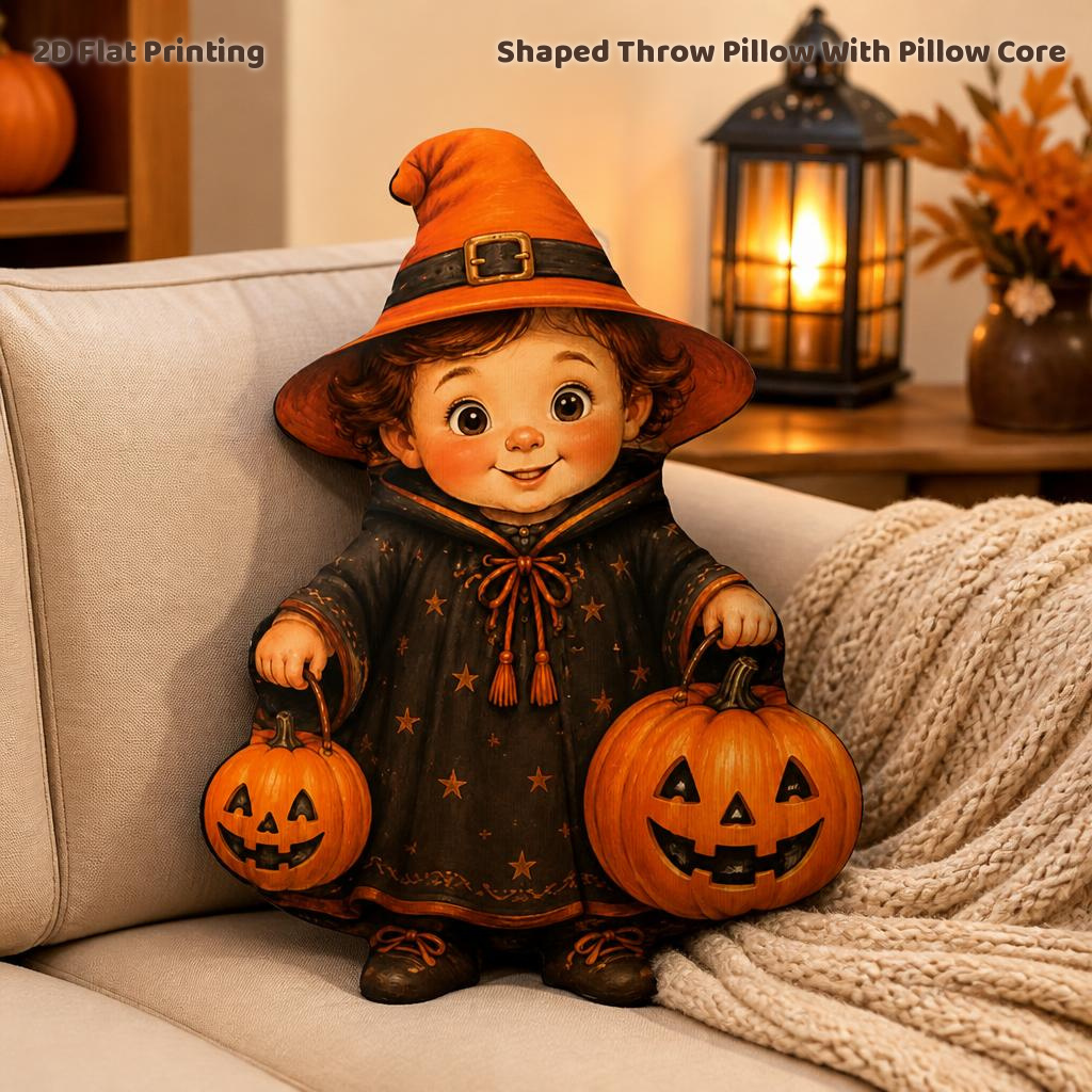 TEMU Vintage Halloween Witch With 2 Jack O Lanterns Shaped Stuffed Throw Pillow For Bedroom Seasonal Autumn Farmhouse Party Home Decoration 2d Flat