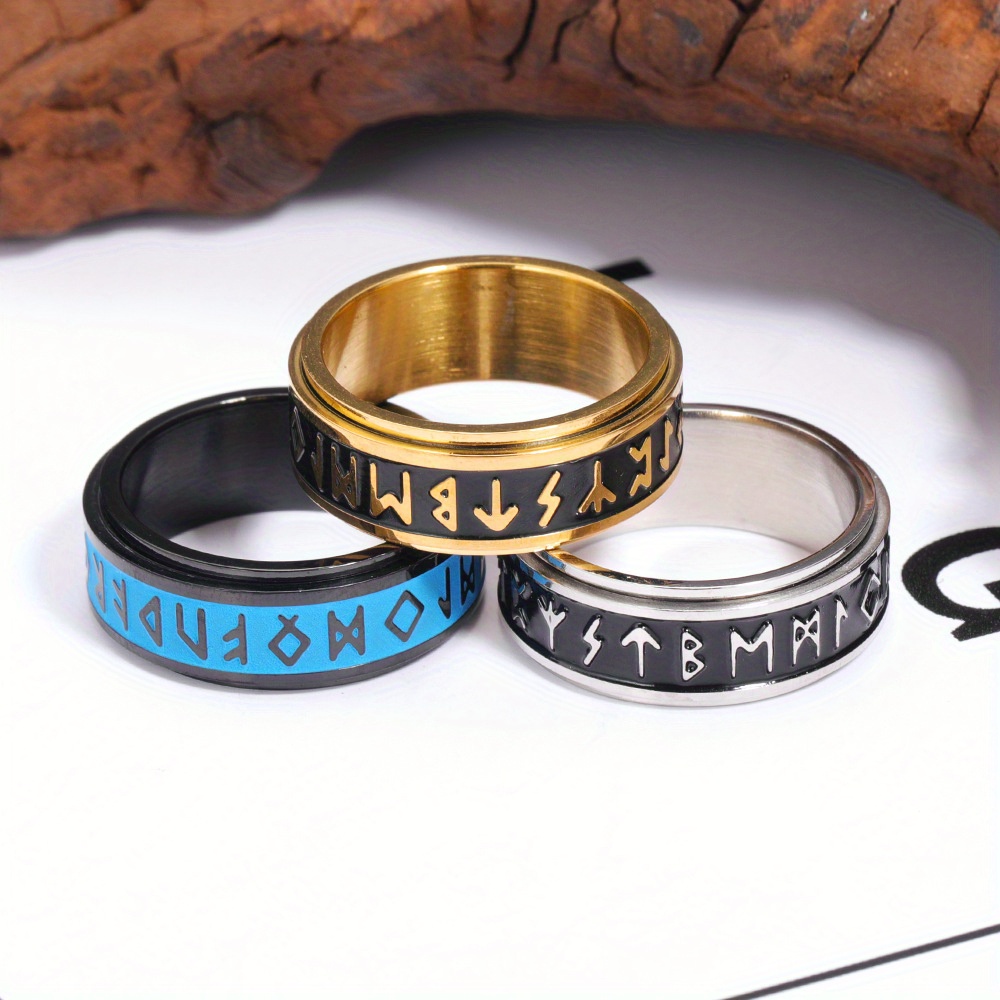 scandinavian trendy viking letter rotatable 304l stainless steel s ring fashion drip oil band for teenager Product details 0