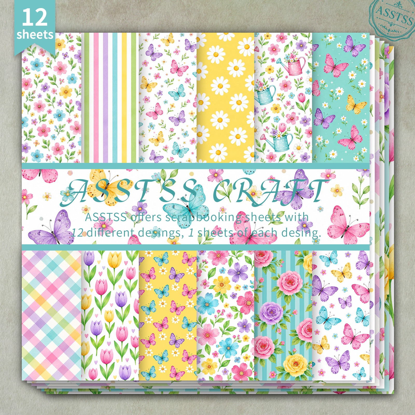 TEMU 12-sheet Asstss Spring Floral Scrapbooking Paper Pad Suitable For Journaling, Heavyweight Cardstock With & Multicolor Daisy Tulip Plaid Blending