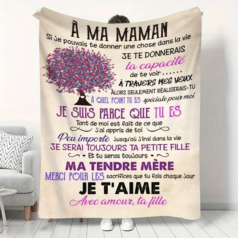 TEMU French Blanket - A Soft Flannel Throw Featuring A Bilingual Design, Phrases, And A Floral Tree Pattern. This Cozy Blanket Is Perfect For , Ideal