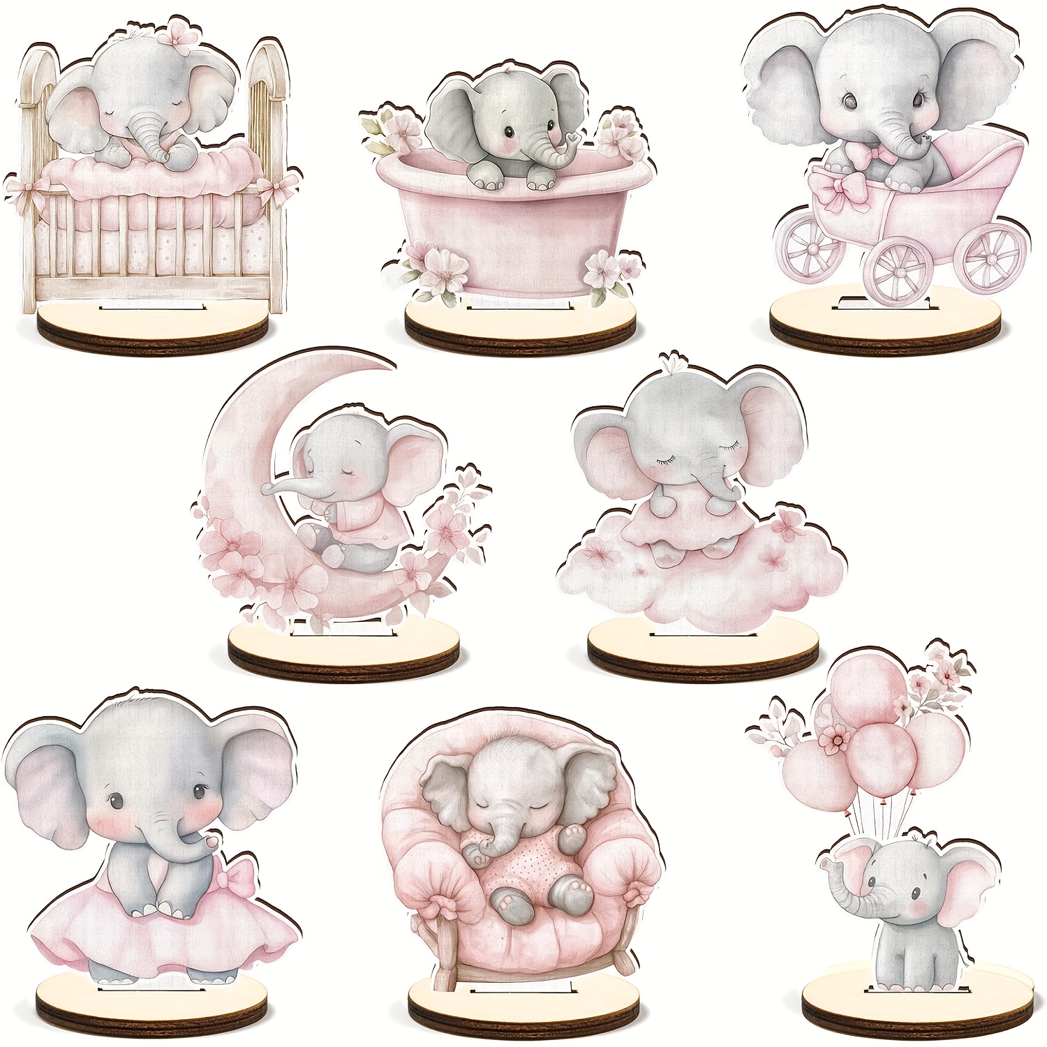 TEMU 8pcs Wooden Baby Table Centerpiece Pink Elephant Tabletop Sign Tabletop Decoration Elephant Birthday Photo Prop Party Supplies