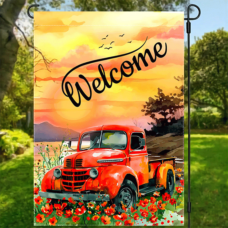 

1pc "welcome" Spring Garden Flag - Vintage Pickup With Flowers, Double-sided Waterproof Burlap, Polyester, No Power Needed, For Outdoor Lawn & Yard Decor, 12x18inch