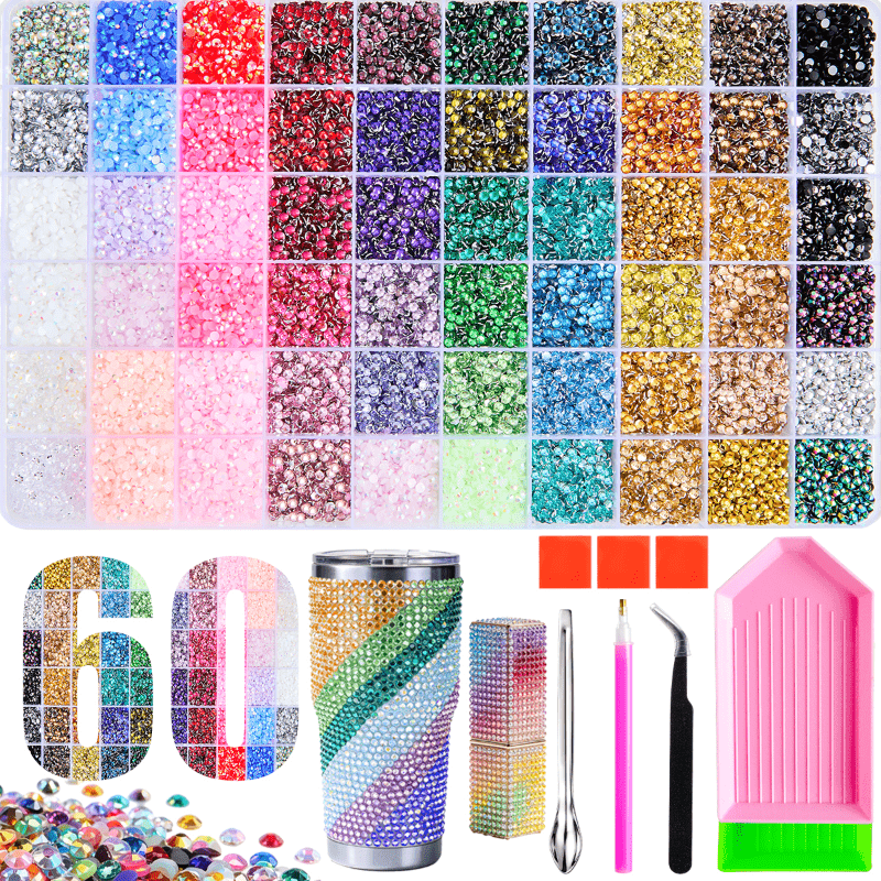 TEMU Kit de Strass à Paillettes Plates à Percer Soi-, Ronds en Résine SS12 de 3 mm Couleurs Mélangées, Lot de Strass de 60 Couleurs Incluant Pince à