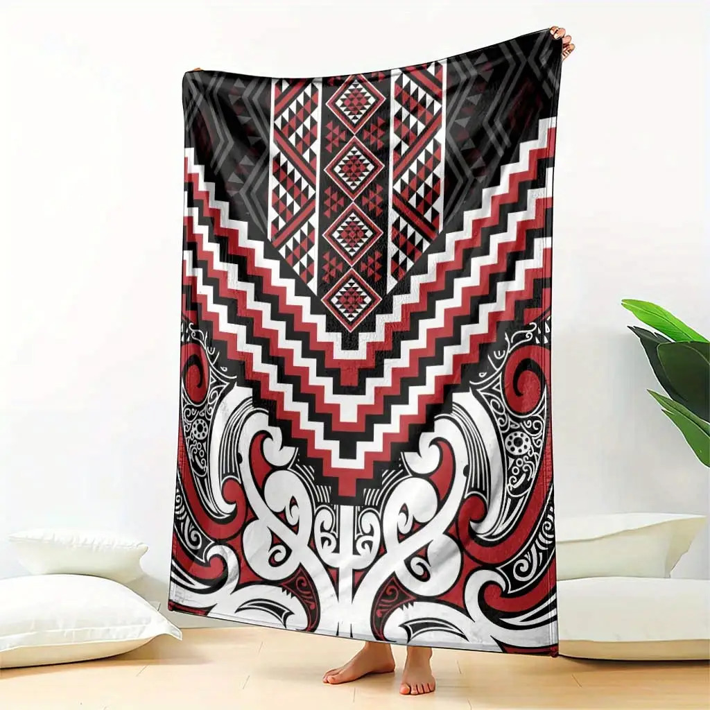 TEMU 1 Maori Tribal Tukutuku Pattern Fleece Blanket | Red And Black , Lightweight Beach And Home Decor, Festival Gift (easter, Birthday) - Soft,
