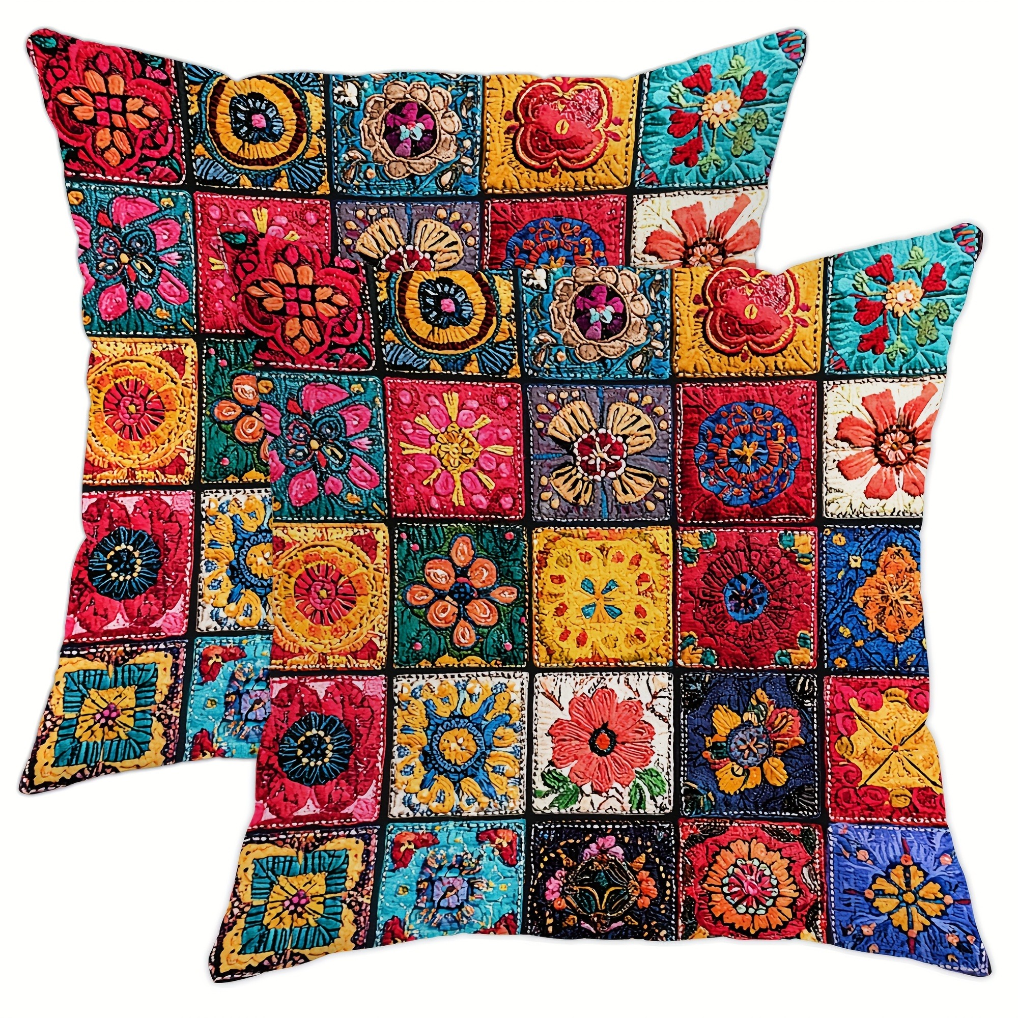 TEMU 2D Plat - Ensemble de 2 taies d'oreiller florales patchwork colorées, avec divers pour un charme et de la à . Impression 2D Plat - Garnitures