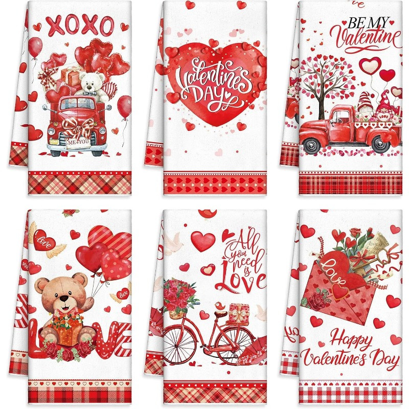 

6pcs 18x26 Inches Valentine Kitchen Dish Towels Red Hearts Hand Towels Valentine's Day Love Truck Valentine Tea Towels Bathroom Holiday Dish Towels New Year's Gift