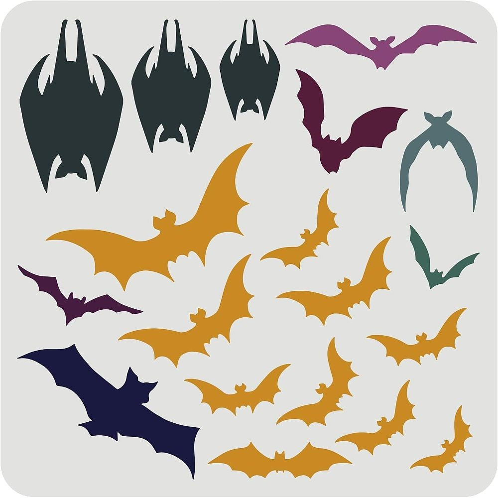 

1pc Superfindings Reusable Halloween Bats Stencil 30x30cm - Plastic Scary Bats Pattern Drawing Stencil For Wall, Canvas, Tile, Furniture - No Electricity Needed - For All Decor