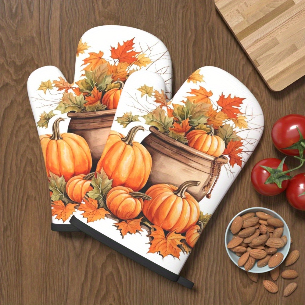 TEMU 2pcs Oven Mitts, Size 10..7 Inches, Featuring Autumn Pumpkin And Design. Heat-resistant Mitts Are Ideal For Cooking, Home Baking, Grilling, Bbq,