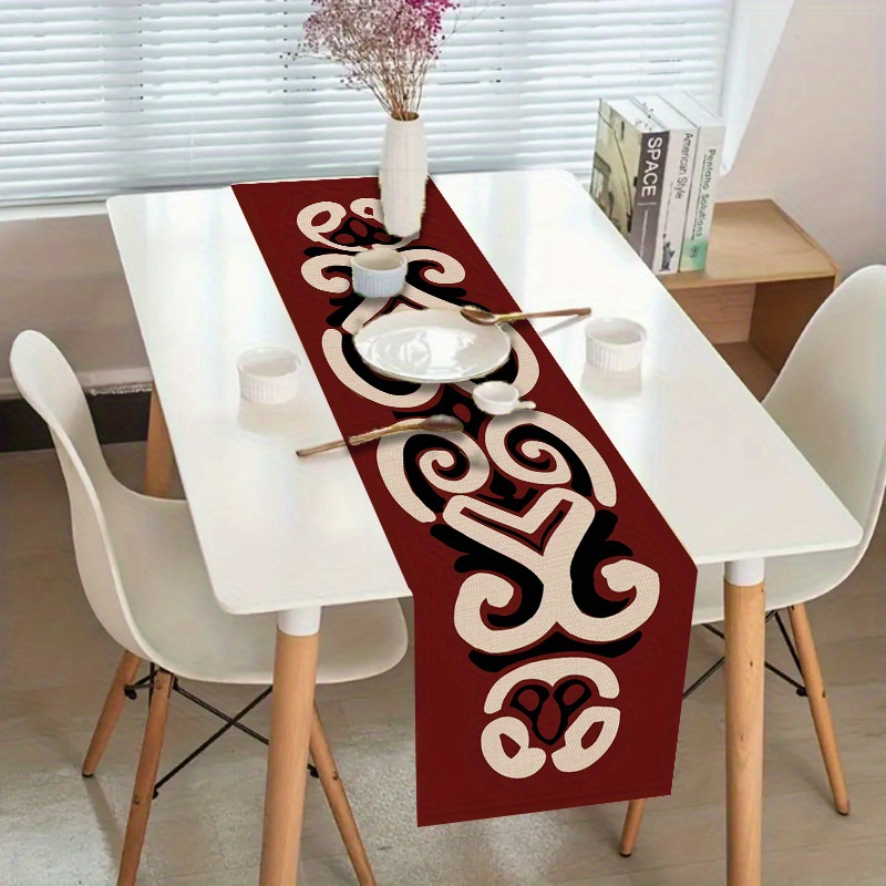 TEMU A Single Piece Table Runner Maori Design Featuring A Red And White Geometric Motif, Ideal For Christmas, New Year's Celebrations, Parties,