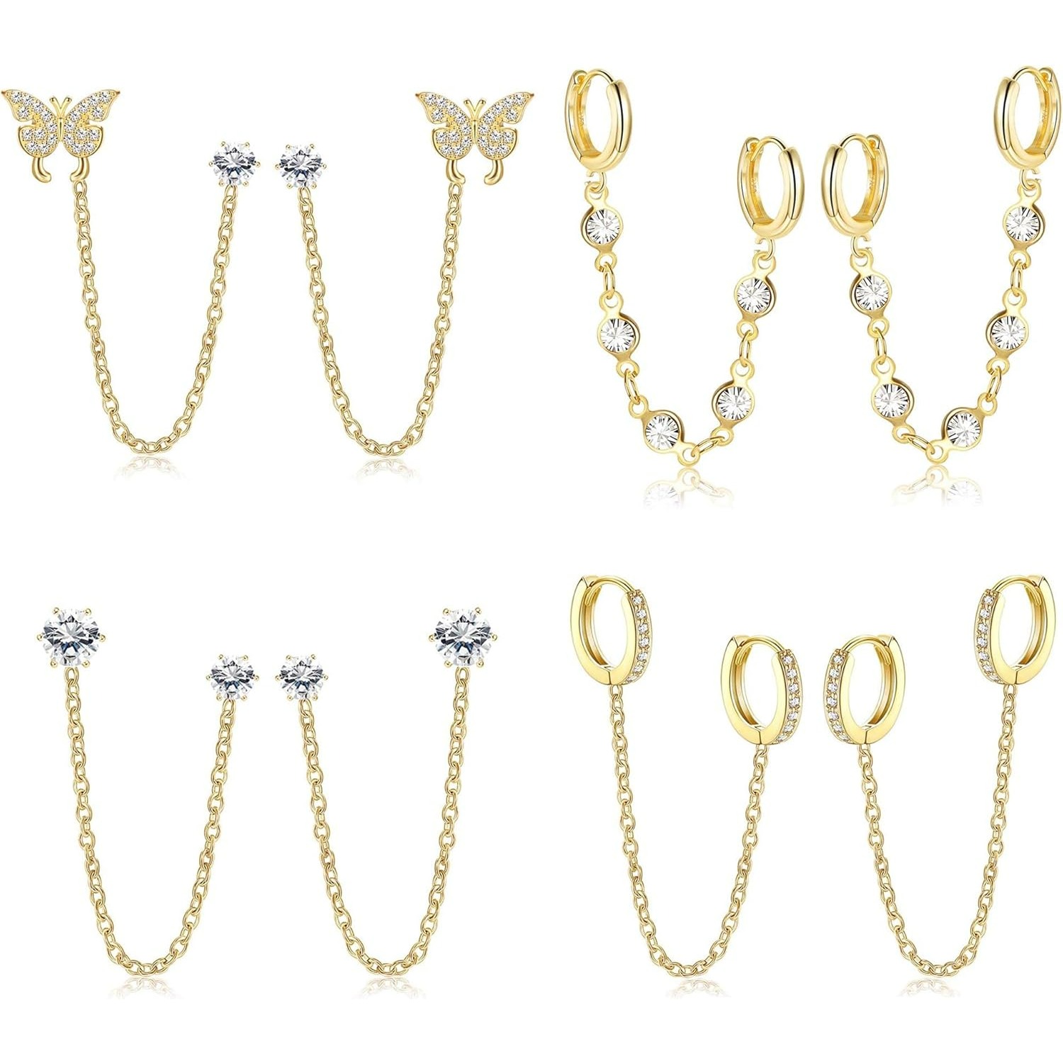 Set Of Sparkling Chain Hoop Earrings For Women, Featuring Double Piercing Dangle Design And Cartilage Studs
