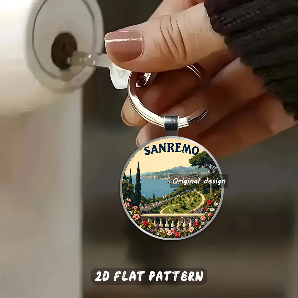 TEMU 2d Flat, 1pc Durable Metal Keychain, Escape To Serenity - Vintage Sanremo Italy Poster With Vibrant Flowers & - Perfect For , Home Decor