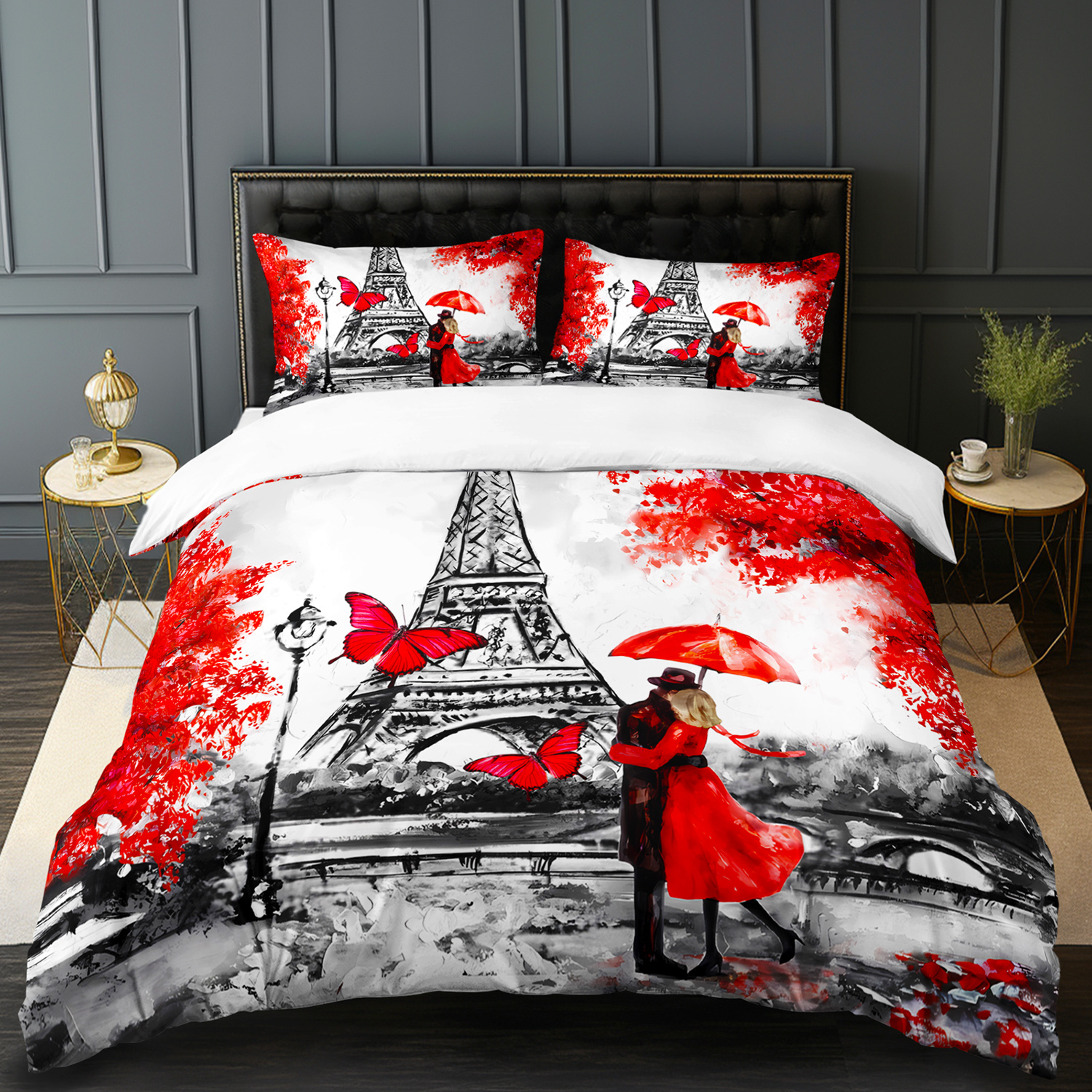 3pcs   tower romantic couple 3  printed duvet cover setparisian love bedding set for four seasonred black bedding for bedroom or   decorpolyester comforter cover gift 1 quilt cover 2 pillowcases Product details 5