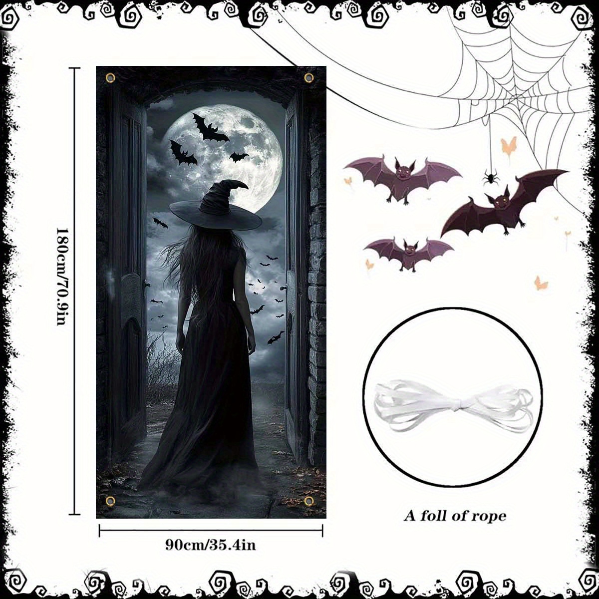 TEMU 2d Flat, 2d Door Banner, 1pc 2d Door Banner With Witch And Bat Night Pattern Print. A 2d Door Curtain Flag. Halloween Party Flag. Made Of