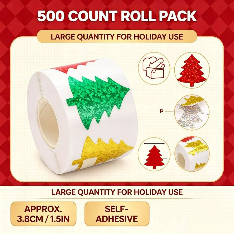 TEMU 500pcs Christmas Tree Stickers Christmas Roll Sticker Daily Decoration Gift Series Suitable For Office Decoration, Office Labels, Envelope