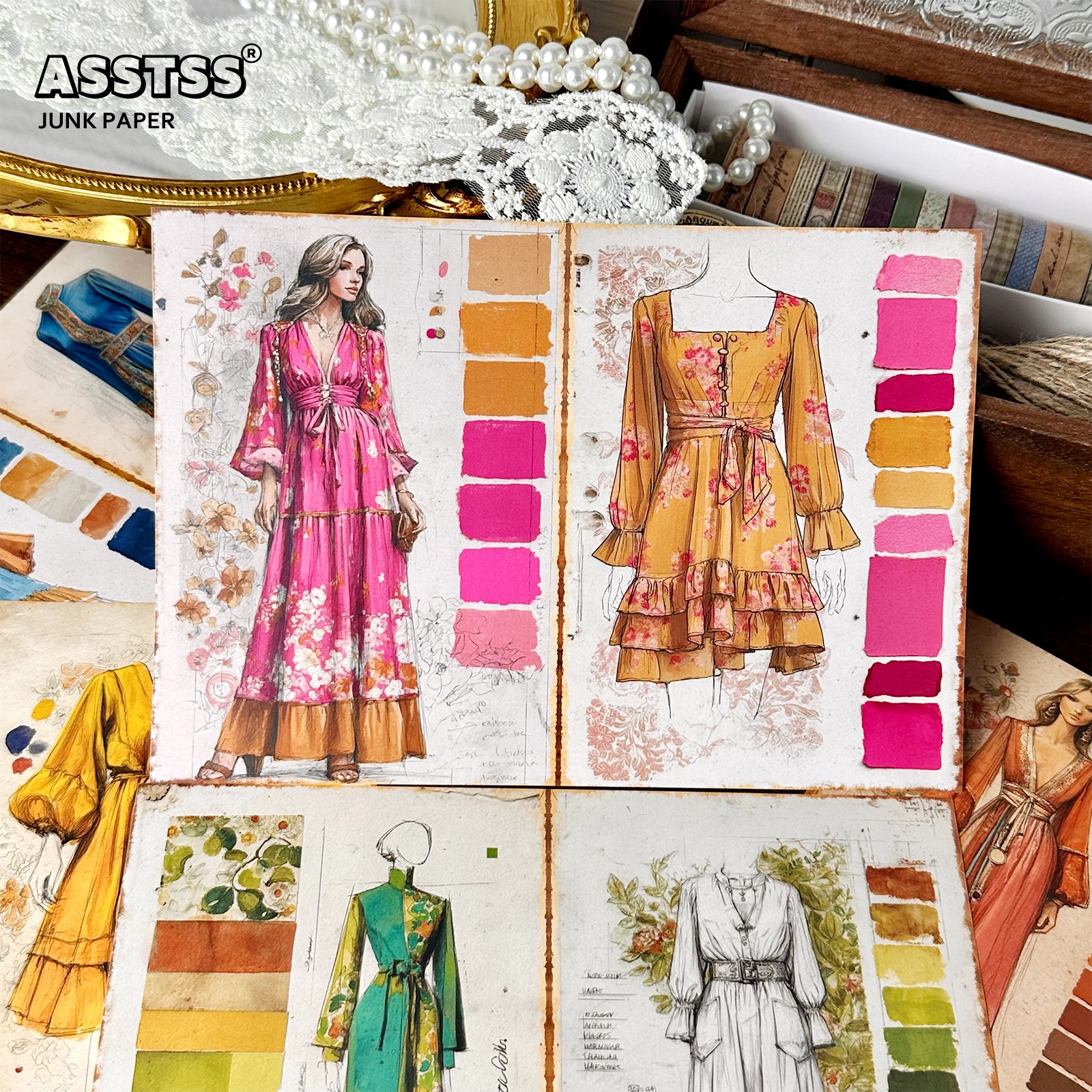TEMU Asstss 20-sheet A5 [2d Flat] Vintage Fashion Sketchbook Pages, Clothing Illustration Art, Color Chart, Junk Journals, Scrapbook Decoration Paper