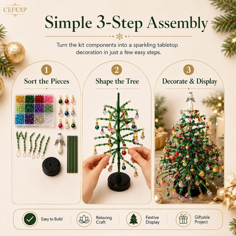 beaded mini christmas tree making kit handcrafted tabletop xmas tree decor with multicolor   ornament pendants wire additions   2pcs christmas greeting cards   gift for   christmas new year present Product details 2