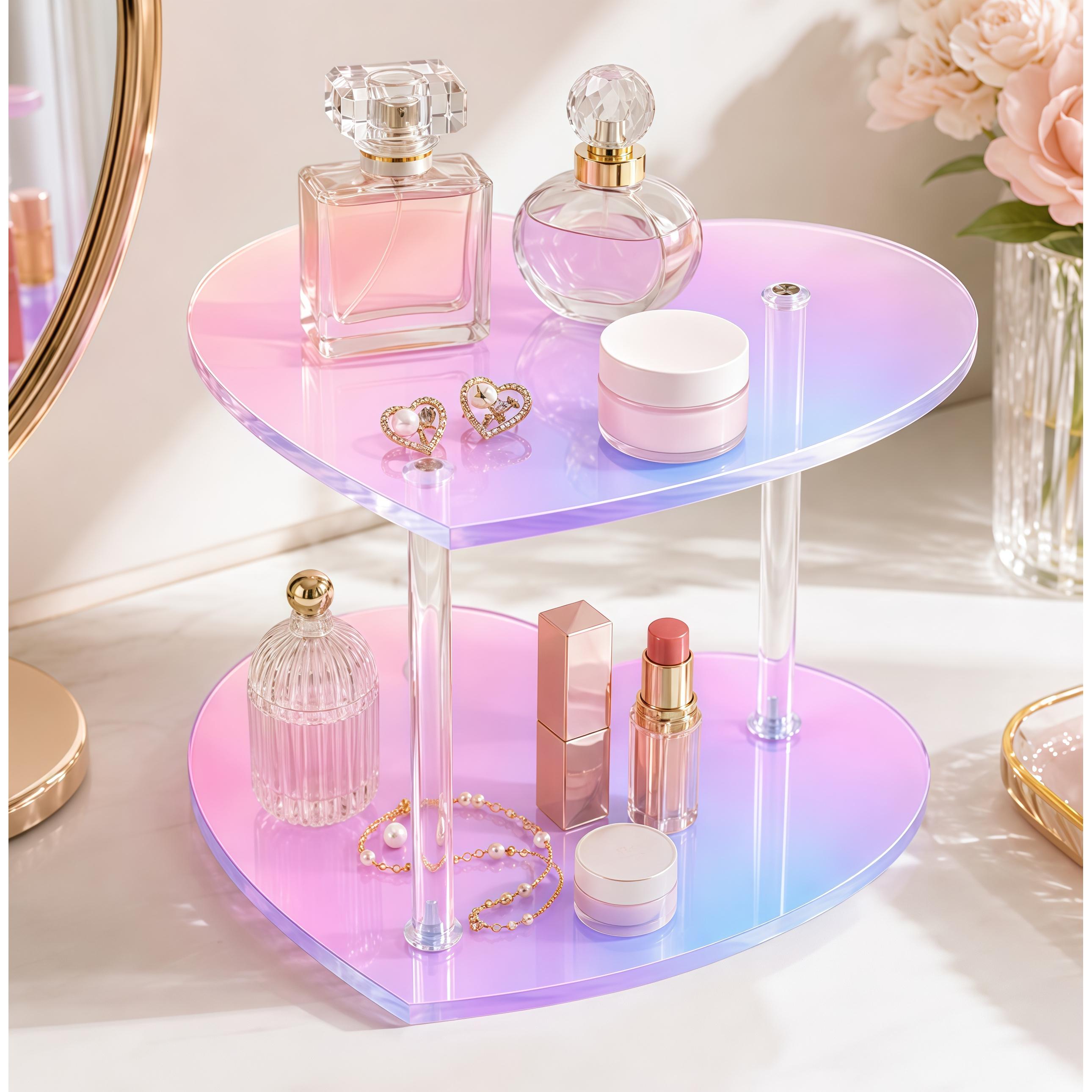 TEMU Heart-shaped Acrylic Double-layer Display Stand - Gradient Transparent Desktop Organizer For Perfumes, Jewelry