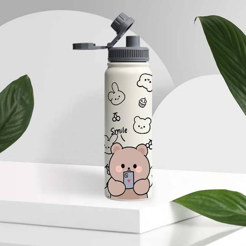 ceașcă termică de din oțel inoxidabil, dublu perete izolat 750ml-bwbf/25.4oz cu model ursuleți și iepurași caraghioase, țesut impermeabil pentru băuturi – ușor de transportat în birou, sport sau școală - cadoul perfect la începutul sezonului