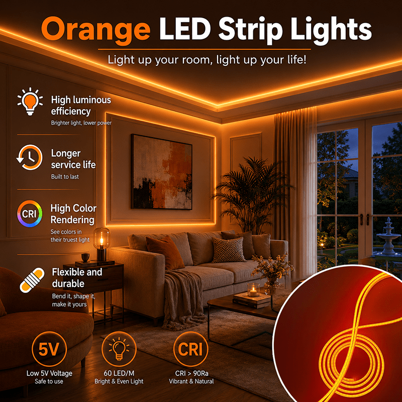 TEMU Bande Lumineuse LED Flexible Orange 225Cm | Lampe pour Placard/Table de Chevet/Salle de Jeux | Décoration de Noël et d'Halloween | Alimentation