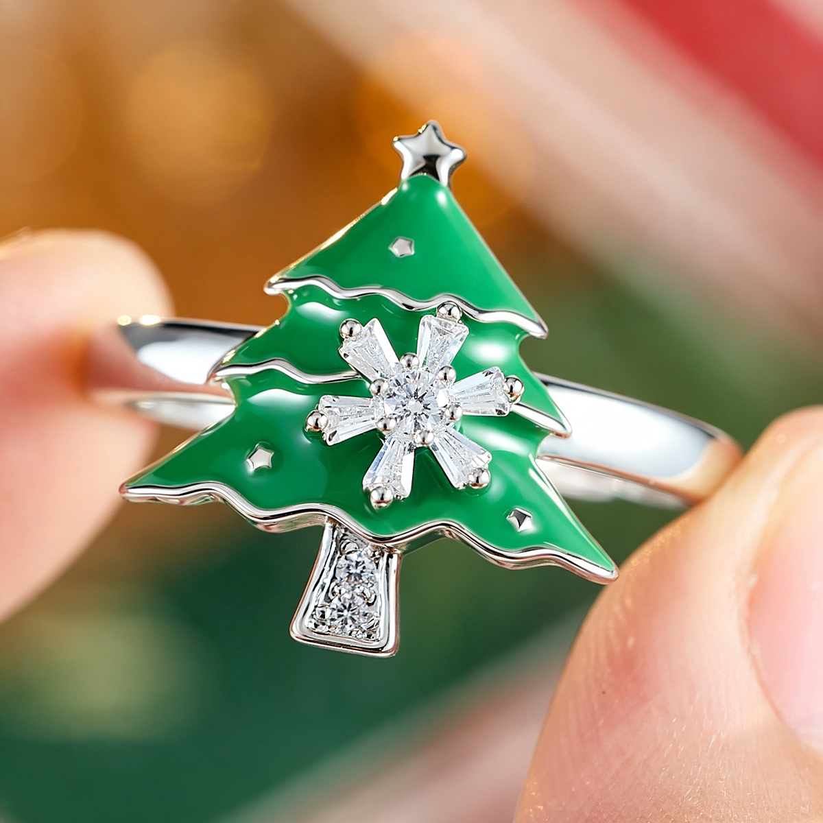 Christmas Tree Open Ring with Snowflake Zirconia, Festive Jewelry