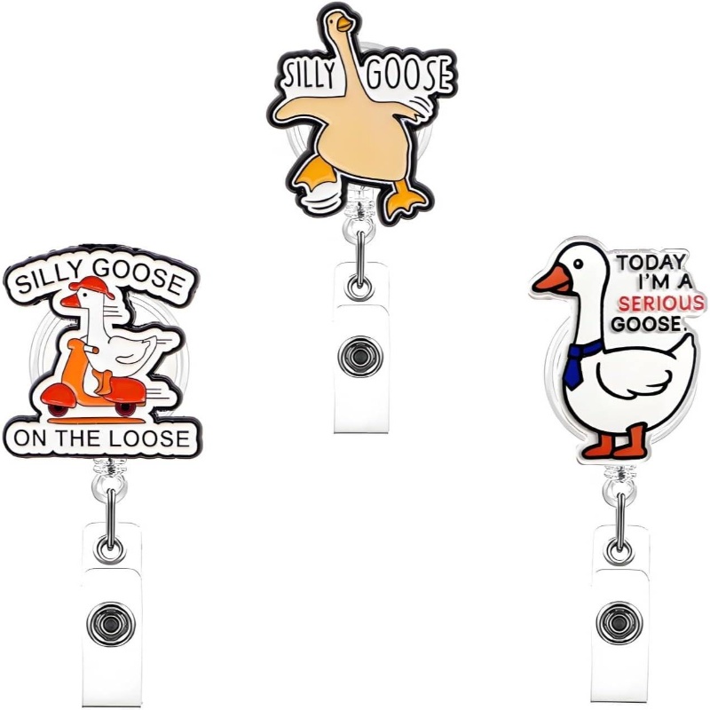 TEMU 2d 3-pack Silly Goose Badge Reels | Fun Retractable Acrylic Badges With Alligator Clips, Nurses, Teachers, Students, Novelty Lanyards And Id