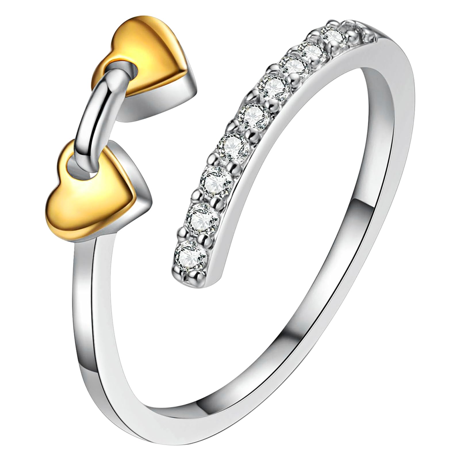 Women's Jewelry Ring: Adjustable Open Double Band With Heart Cubic Zirconia, Perfect For Stacking, , And Sparkling Anniversary Gifts For Couples