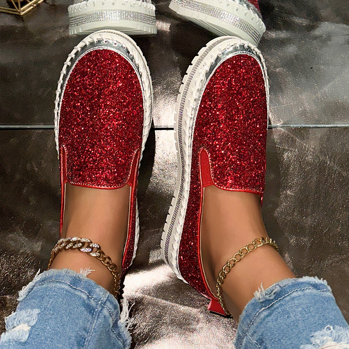 item picture sparkling glitter loafers women flat comfortable party casual walking shoes women shoes sneakers