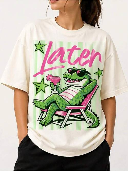 T-Shirt, Beach Shirt, After While Crocodile, Fun Pattern, Free Shipping Women S T-Shirt. This Short-Sleeved, Round-Neck Casual Top Features a Popular Crocodile Pattern, Crocodile Tattoo And Slogan Prints, Making It Spring And
