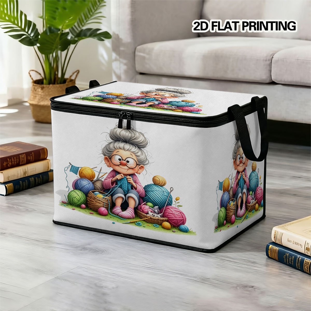 jit1pc large capacity storage box cute cartoon style knitted grandma doll yarn ball knitting theme pattern printed storage box foldable multi purpose lid type storage box with zipper and durable handle under bed storage