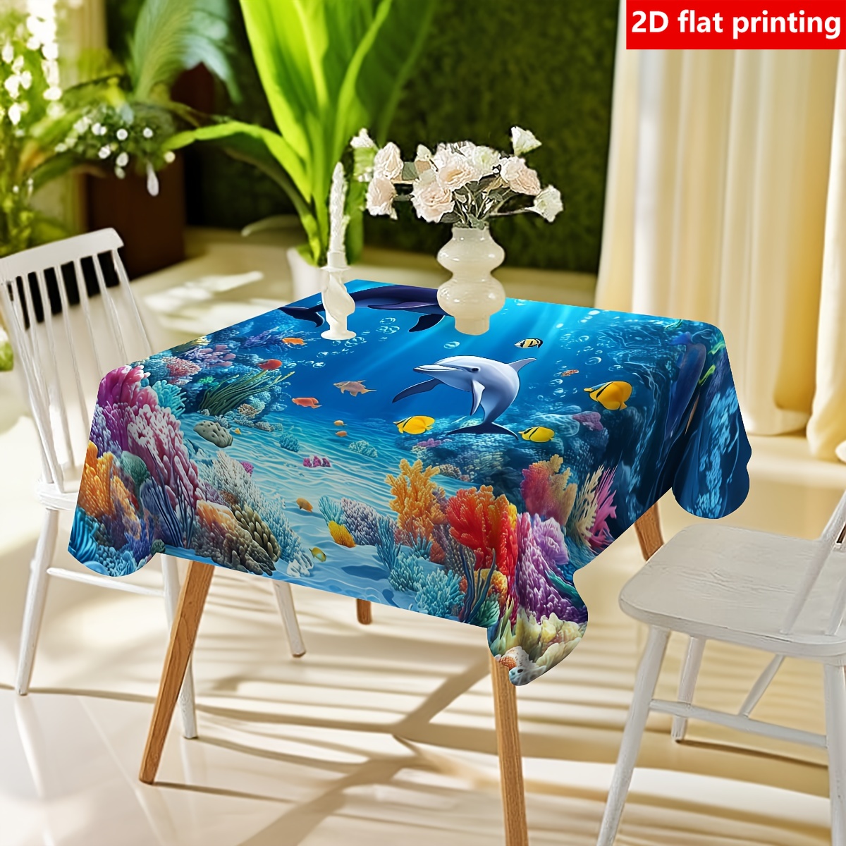 TEMU 2d Flat Printing, 1pc Ocean Dolphin Coral Seagrass Pattern Tablecloth, Durable Polyester Tablecloth, In Square And Rectangular Shapes, Ideal For