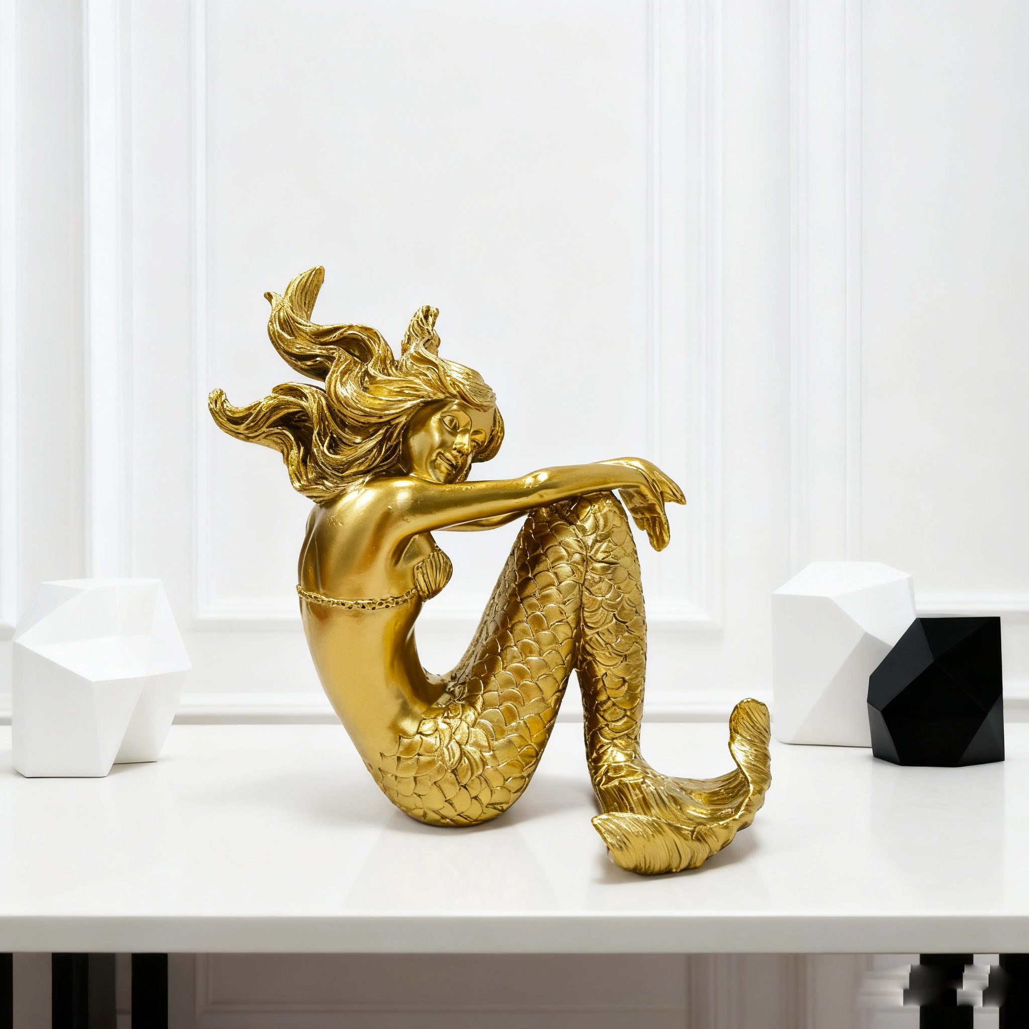 Large Golden Mermaid Ornament, Metallic Texture Resin Decoration