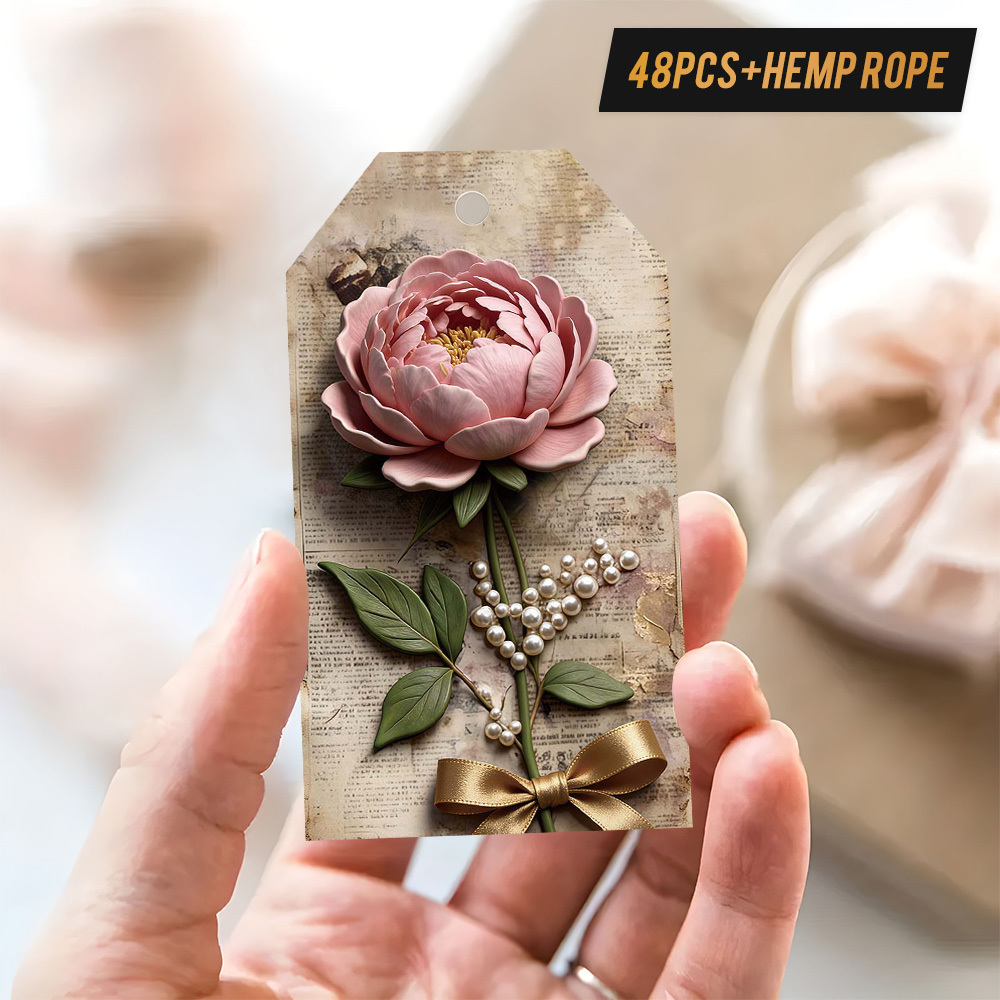 TEMU 48pcs Elegant Gift Tags With Pearl Beads & Bows - Vintage Pearl- Peonies, Hemp Rope For Tying, Durable Paper Tags Suitable For Wedding,, Shower,