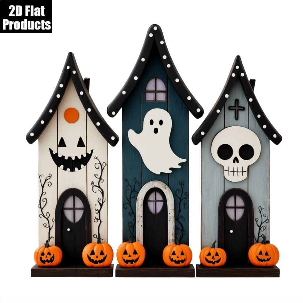 TEMU 2d Flat, 3pcs Set Of Wooden Cottage Desktop Ornaments, Each Style With An Individual Solid Wood Base To Stability. 3 Styles Of Rustic-themed