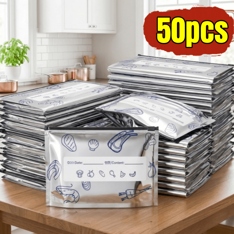 TEMU 50 Reusable Washable Aluminum Foil Vacuum Seal Storage Bags With Date Labels, Leak-proof Freezer Bags For Freezing And Refrigerating Food, Food