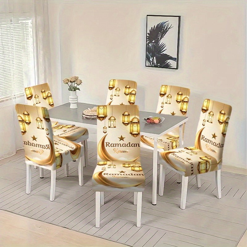 

2/4/6pcs Elegant Ramadan Chair Covers, Stretch Polyester With , Contemporary Style With And Moon Design, Band Closure, Machine Washable, Home Decor For Eid Celebrations